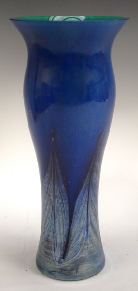 A Loetz-design iridescent vase, of slender slightly baluster form, feathered base, 26.