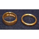 A 22ct gold wedding band, size J/K. 7.9g; another 18ct gold, size K, 6.