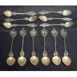 A set of six Indian white metal filigree tea spoons, c.1900; a set of coffee spoons, conforming, 2.