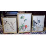 A set of three Chinese watercolours , Kingfisher, Cranes,