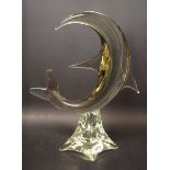 Licio Zanetti for Murano, a smoky grey glass stylised crescent shaped leaping dolphin,