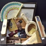 Boxes and Objects - A hand painted fan; others;cigarette lighters including Ronson;