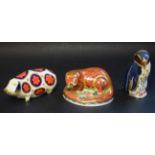 A Royal Crown Derby paperweight Rockhopper penguin, gold stopper; others; an Otter and a Pig,