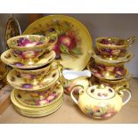 An Aynsley ripe fruits pattern tea service for six comprising large fruit/salad bowl, sucrier,