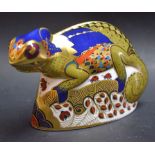 A Royal Crown Derby paperweight, Chameleon, gold stopper,