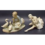 A Lladro figure of a girl feeding geese; another,