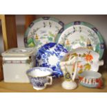A Royal Crown Derby Mikado pattern teacup and saucer; a crested china harp; a cube teapot;