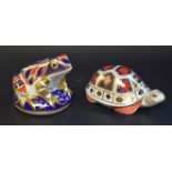 A Royal Crown Derby paperweight Tortoise, gold stopper, boxed; another, Imari Frog, silver stopper,