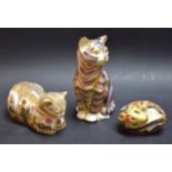 A Royal Crown Derby paperweight Cat; others; a contented cat; a Country mouse,