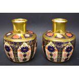 A pair of Royal Crown Derby 1128 Imari solid gold band bud vases ,