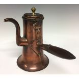 A George III copper chocolate pot, hinged cover with brass knop finial, S-shaped spout,