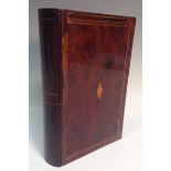 A George III yew novelty box, as a book, inlaid with lozenges and outlined with boxwood stringing,
