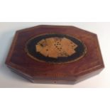 A George III fruitwood and patridge wood lozenge shaped playing card box,