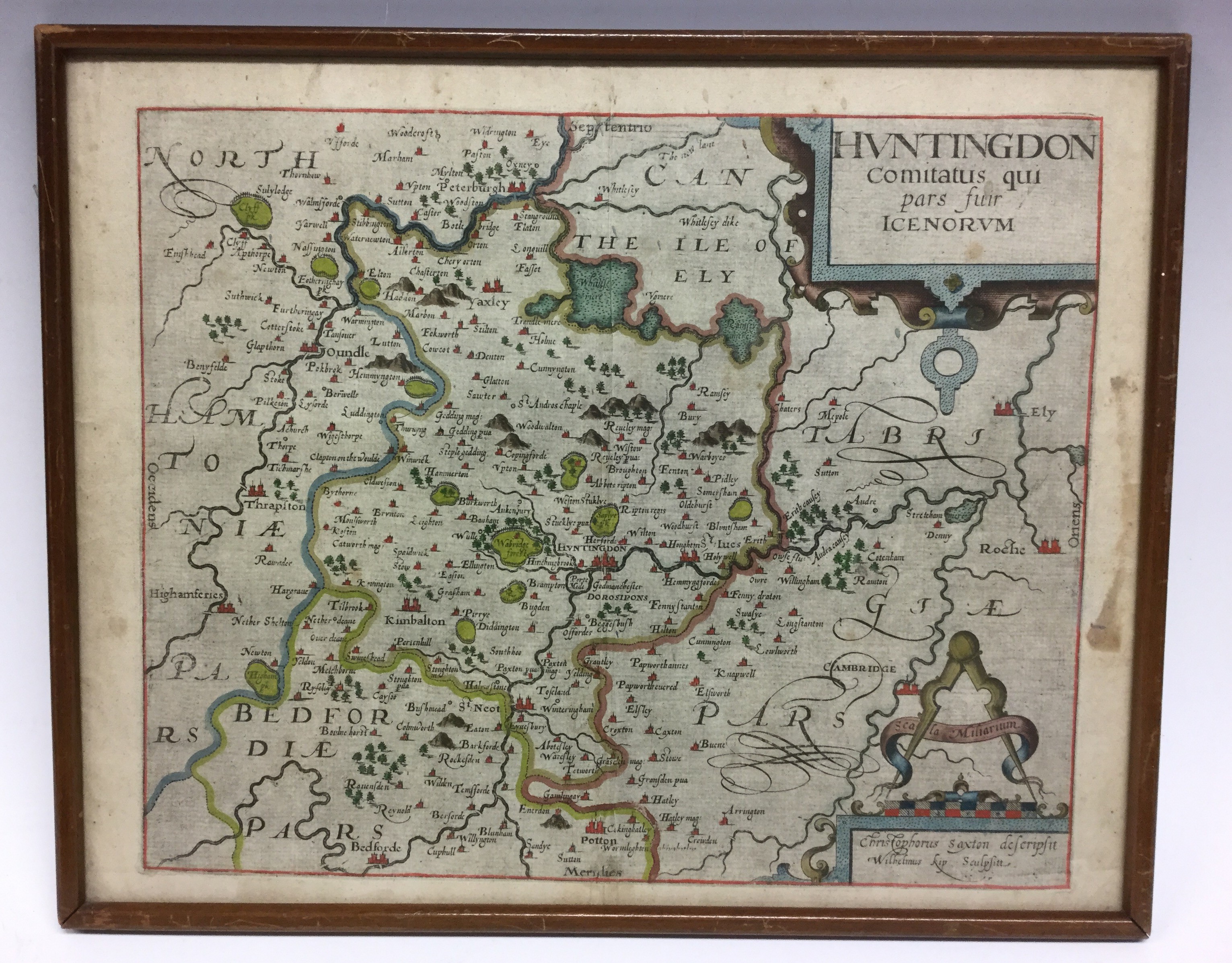 William Kip (1588-1635), after Christopher (1540-1610), map, Huntingdon, hand-coloured engraving,