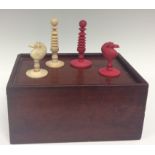 A 19th century English bone Barleycorn type pattern chess set, red stained opposition,