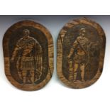 A pair of 19th century oval elm panels, carved in relief with classical figures, 44.