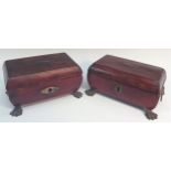 A near pair of George III morocco leather bowed rectangular work boxes, hinged covers,