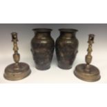 A pair of 18th century Spanish brass candlesticks, cylindrical sconces, knopped stems,