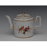A French cylindrical teapot and cover, decorated with birds perched on gilt branches,