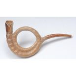 A 19th century brown salt glazed serpent pipe, the bowl formed as the head, moulded two-coil body,