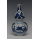 A Chinese Transitional double gourd vase, decorated in underglaze blue with figures by a lakeside,