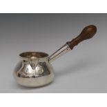 A large George II silver ogee brandy saucepan, quite plain and of good gauge, reeded rim,