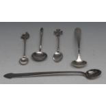 A Scottish Arts and Crafts style silver spoon, stylised leafy terminal, planished bowl, 11.