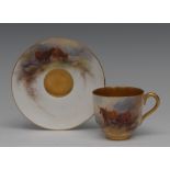 A Royal Worcester cabinet cup and saucer, painted by Harry Stinton, signed, with Highland cattle,