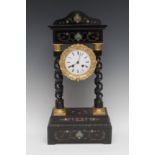 A 19th century French brass marquetry and ebonised portico clock, 9.