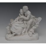 An 18th century Sevres biscuit figure group, of a courting couple, seated under a tree,