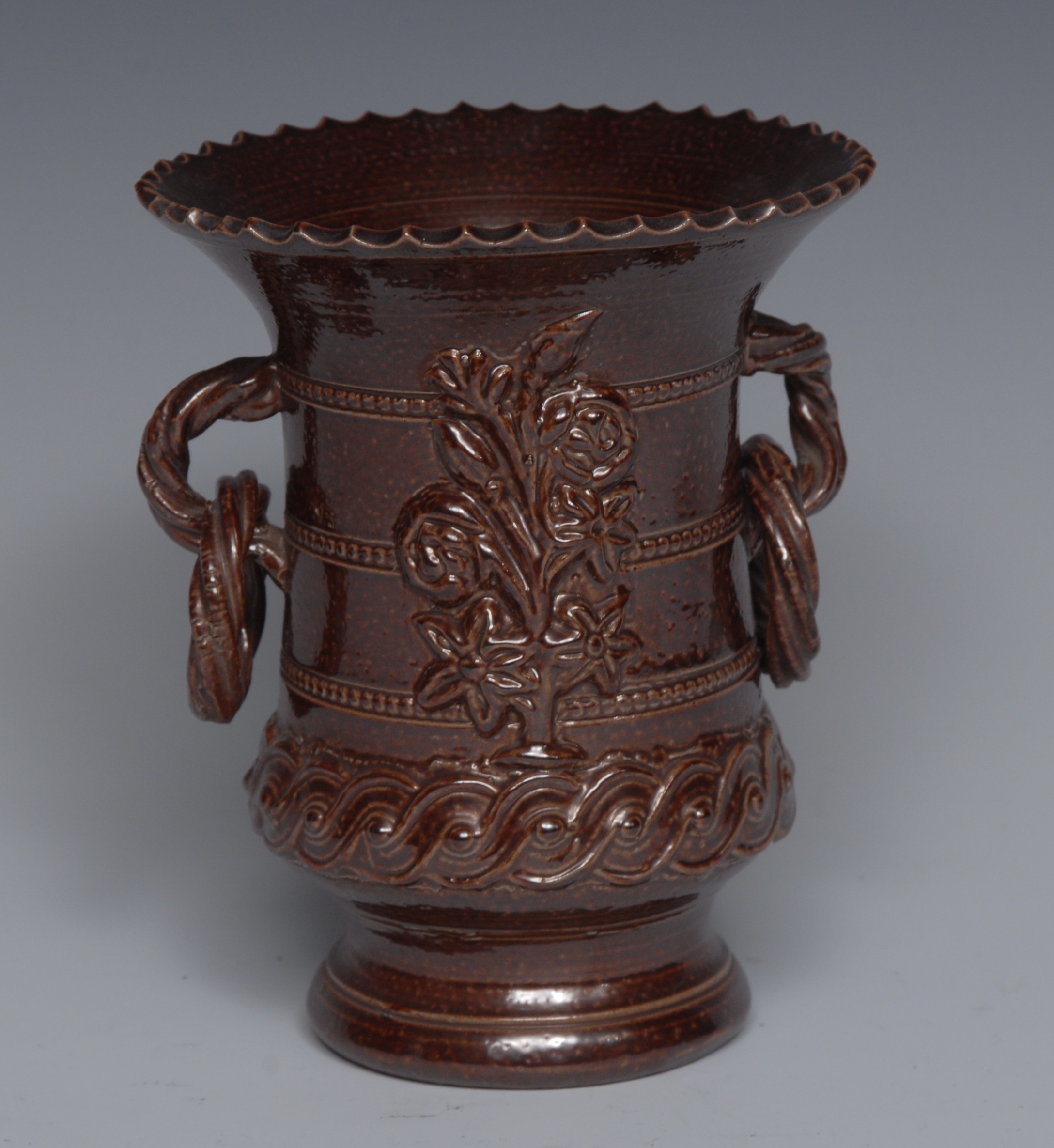 A 19th century Derbyshire brown salt glazed stoneware slightly waisted vase,