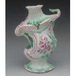 A Derby Patch Mark cartouche shaped vase, painted with fanciful birds in colours,