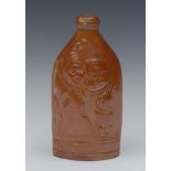 A 19th century brown salt glazed stoneware flask, in relief with Punch and Toby the dog,