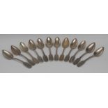 A set of six German silver coloured metal Fiddle pattern dessert spoons, Schott,