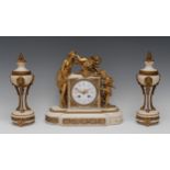 A 19th century French ormolu mounted carrara marble mantel clock garniture,