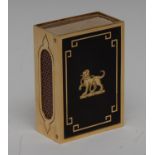 Cartier - an 18ct gold and noir enamel vesta or matchbox sleeve, centred by an armorial crest,