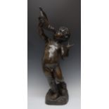 Italian School (19th century), a large dark patinated bronze, of a nude putto sounding a conch,