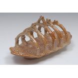 A Brampton Derbyshire brown salt glazed stoneware five bar toast rack, rustic branch divisions,