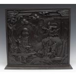 A Chinese rectangular hardwood panel, carved in relief with a scene from mythology, 40cm high,