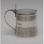 A George IV silver spreading cylindrical tankard mustard, hinged cover with shell thumb piece,