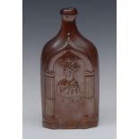 A 19th century brown salt glazed stoneware flask, moulded in relief with portrait busts,