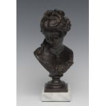 French School (19th century), a dark patinated bronze bust, of a young beauty, waisted socle,