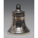 An early 20th century novelty silver capstan inkwell, in the form of a bell, hinged cover,