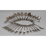 A set of six George IV silver Fiddle pattern dessert spoons, William Eaton, London 1827; others,