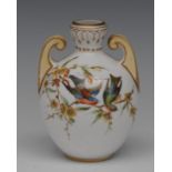 A Derby Crown Porcelain Company two-handled ovoid vase, painted with song birds perched on a branch,