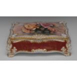 A Lynton type shaped rectangular table box, the cover with large red and yellow roses,