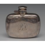 A George V silver curved rounded rectangular hip flask, hinged domed bayonet cap,