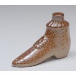 A 19th century brown salt glazed stoneware gin flask, in the form of a boot,