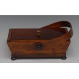 A Regency maple, rosewood and mahogany rectangular basket shaped work box, swing handle, bun feet,