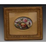 An English Porcelain oval plaque, well painted with peaches, peonies, berries, shells and foliage,